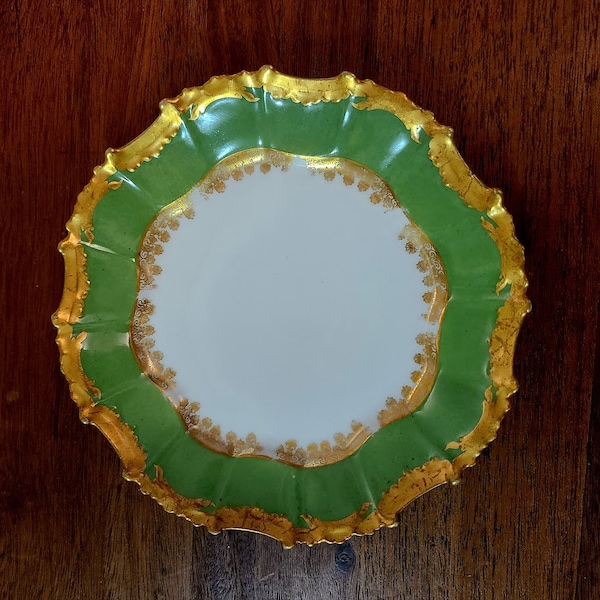 7 Antique T V Tressemann & Vogt Limoges Porcelain Ornate Gold Embellished Green Banner Dessert Plates