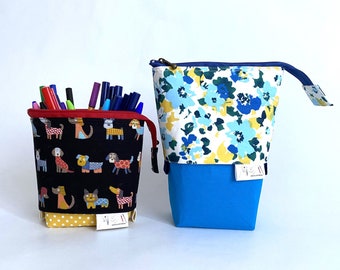 Handmade Japanese cotton Pop up Slide down Stand up zip pencil case pouch pot stationary storage makeup brush holder office school teacher