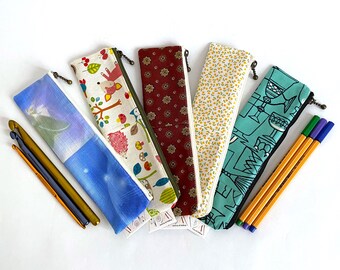 Slim Flat zipped patched work pouch Japanese cotton handmade pencil jewellery case crochet hook holder cable sorter cosmetic organaiser