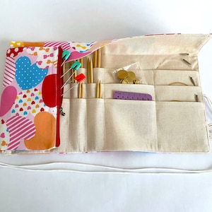 Compact Roll-up case Japanese cotton 3 rows circular short knitting needles Crochet hooks Pens Pencils wrap zipped side pocket pink heart