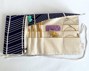 Compact Roll-up case Japanese cotton 3 rows circular short knitting needles Crochet hooks Pens Pencils wrap zip pocket navy geometric unisex