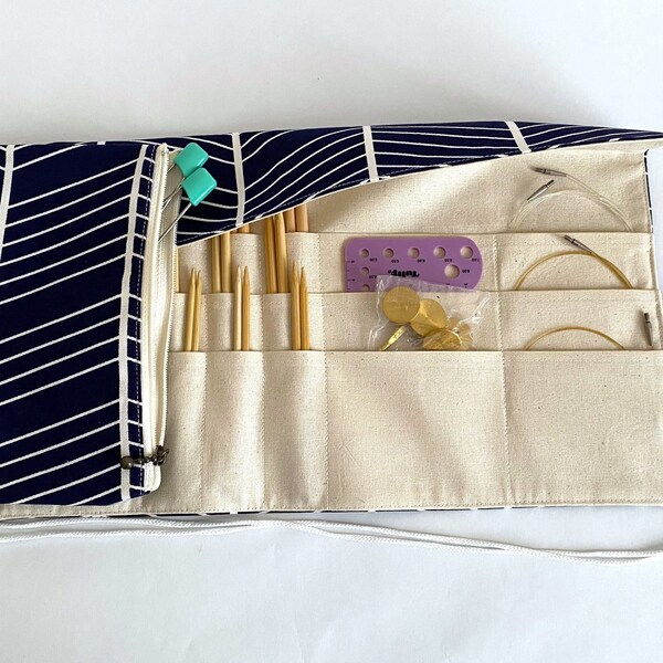 Compact Roll-up case Japanese cotton 3 rows circular short knitting needles Crochet hooks Pens Pencils wrap zip pocket navy geometric