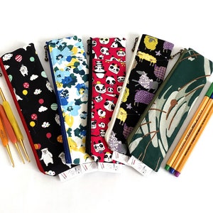 Slim>Flat zipped patched work pouch Japanese cotton/pencil jewellery case/crochet hook holder/cable cosmetic craft organiser/small gift