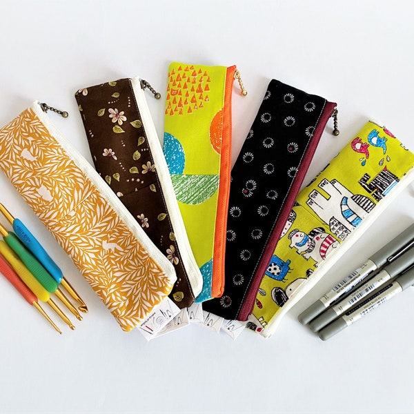 Slim>Flat zipped patched work pouch Japanese cotton/pencil jewellery case/crochet hook holder/cable cosmetic craft organiser/small gift