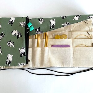 Compact Roll-up case Japanese cotton 3 rows circular short knitting needles Crochet hooks Pens Pencils wrap zip side pocket green dog