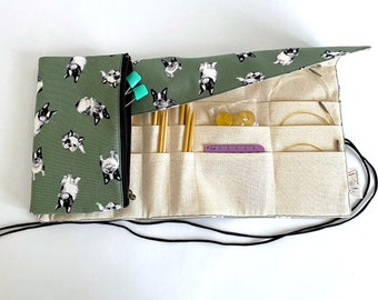 Dog Print Knitting Needle Case, Roll-up Cotton Crochet Hook Organizer