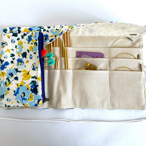 Compact Roll-up case Japanese cotton 3 rows circular short knitting needles Crochet hooks Pens Pencil wrap zipped pocket blue yellow floral