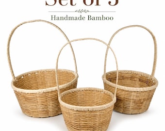 Set of 3 Handmade Round Bamboo Baskets with Handles, Farmhouse Woven Storage Decor