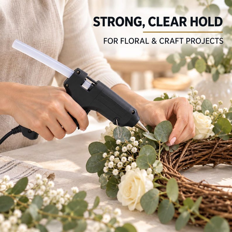 May include: A black hot glue gun with a clear glue stick inserted, applying adhesive to a wreath made of white roses, baby's breath, and eucalyptus leaves. Text above reads: STRONG, CLEAR HOLD FOR FLORAL & CRAFT PROJECTS.