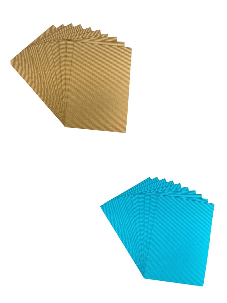May include: A stack of 12 sheets of brown corrugated cardboard and a stack of 12 sheets of blue corrugated cardboard.
