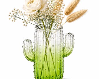 Cactus Glass Vase: Green Gradient Desert Decor, Modern Boho Shelf Styling