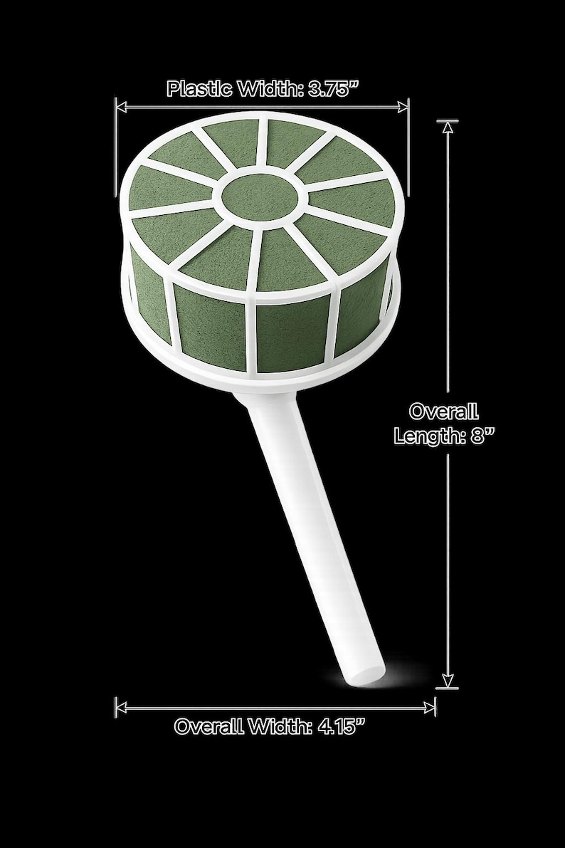 May include: A round green floral foam cage with a white plastic frame and handle. The plastic width is 3.75 inches, the overall length is 8 inches, and the overall width is 4.15 inches. The structure features a circular top and a straight handle.