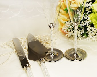 Wedding Toasting Flutes Champagne Knife and Cake Server Set Optional Personalization / Engraving