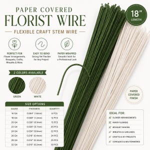 May include: Paper-covered florist wire, 18 inches long, in green and white. The image shows the wire's flexibility and suitability for flower arrangements, bouquets, crafts, and DIY projects. Size options are listed, with gauges ranging from 16 to 32.