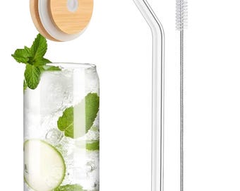 Can Shaped Glass Cup with Bamboo Lid & Glass Straw - 16oz