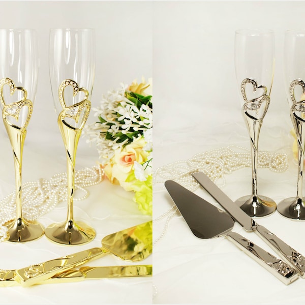 Wedding Toasting Flutes Champagne Knife and Wedding Cake Server Set Personalized Engraved