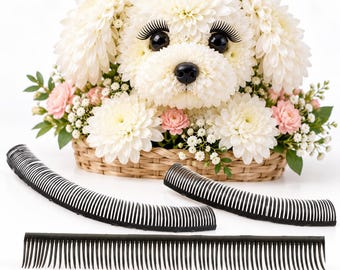 May include: Three black plastic eyelash strips with long, curved synthetic lashes. Two strips are curved to fit a rounded shape, and one is straight. The text at the bottom reads: Eyelashes only - Floral arrangement not included.