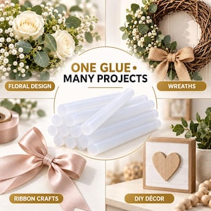 May include: A stack of clear, cylindrical hot glue sticks centered in the image. The text "ONE GLUE &bull; MANY PROJECTS" is displayed above the sticks. Surrounding images show a white rose arrangement, a grapevine wreath, a satin ribbon, and a heart sign.