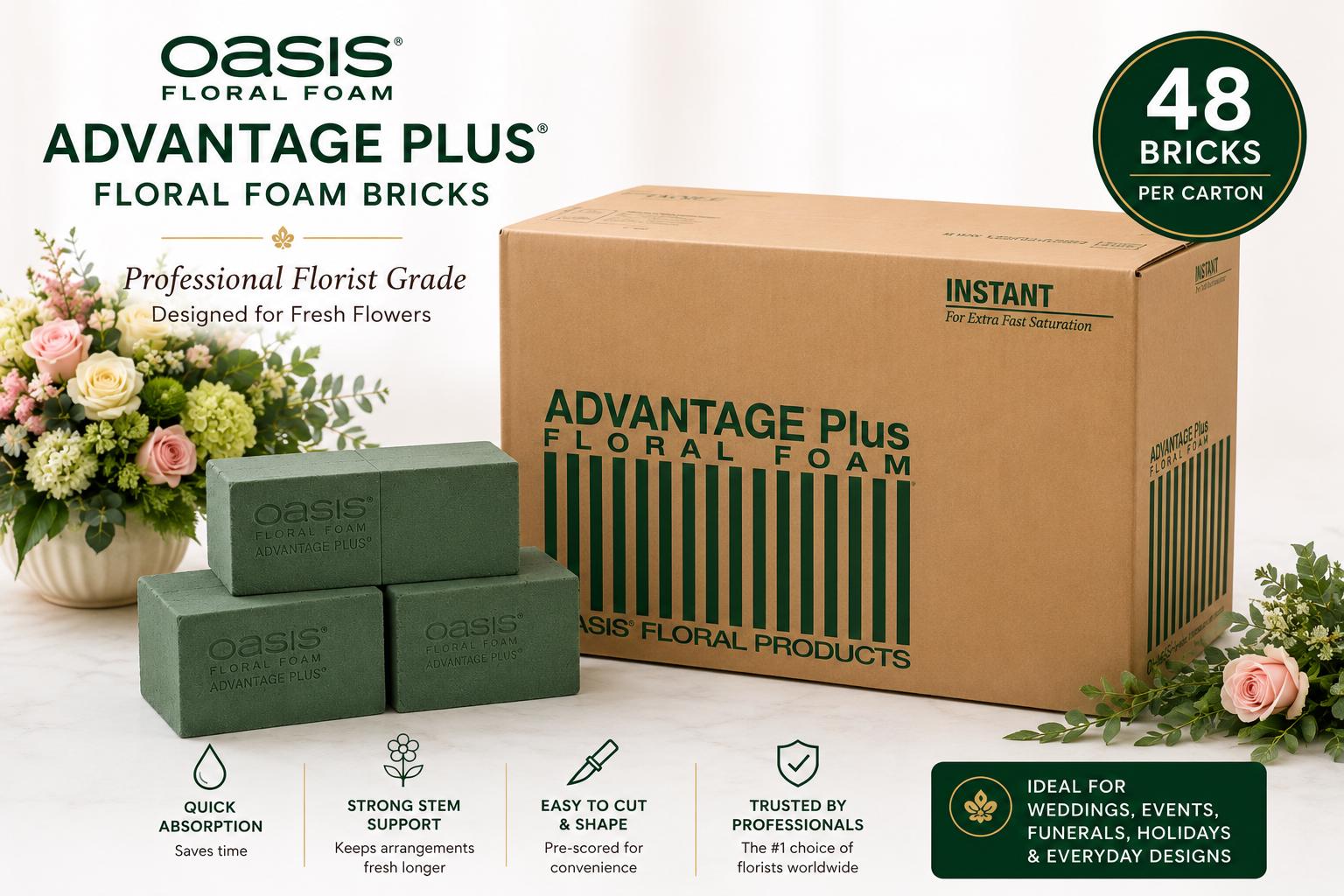 OASIS Advantage Plus Wet Floral Foam Bricks, 48 Pack, Professional
