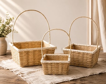 Set of 3 Square Bamboo Baskets with Handles, Farmhouse Woven Storage, Rustic Floral Arrangement