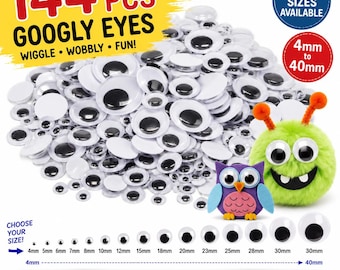 144 Googly Eyes for Crafts | Wiggle Wobbly Eyes | Plastic Craft Eyes | DIY Puppet Doll Eyes | Choose Size 4mm–40mm
