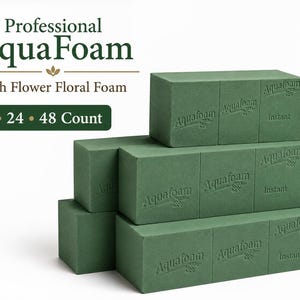 May include: A stack of rectangular green floral foam blocks with the embossed text Aquafoam Instant on each piece. The image includes the text Professional AquaFoam Fresh Flower Floral Foam and the numbers 6, 24, and 48 count.