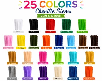 25 Color Chenille Stems 6mm x 12” Pipe Cleaners for Crafts DIY Kids Art Floral STEM Projects