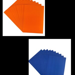 May include: Two stacks of 12 sheets of corrugated cardboard. One stack is orange and the other is blue.