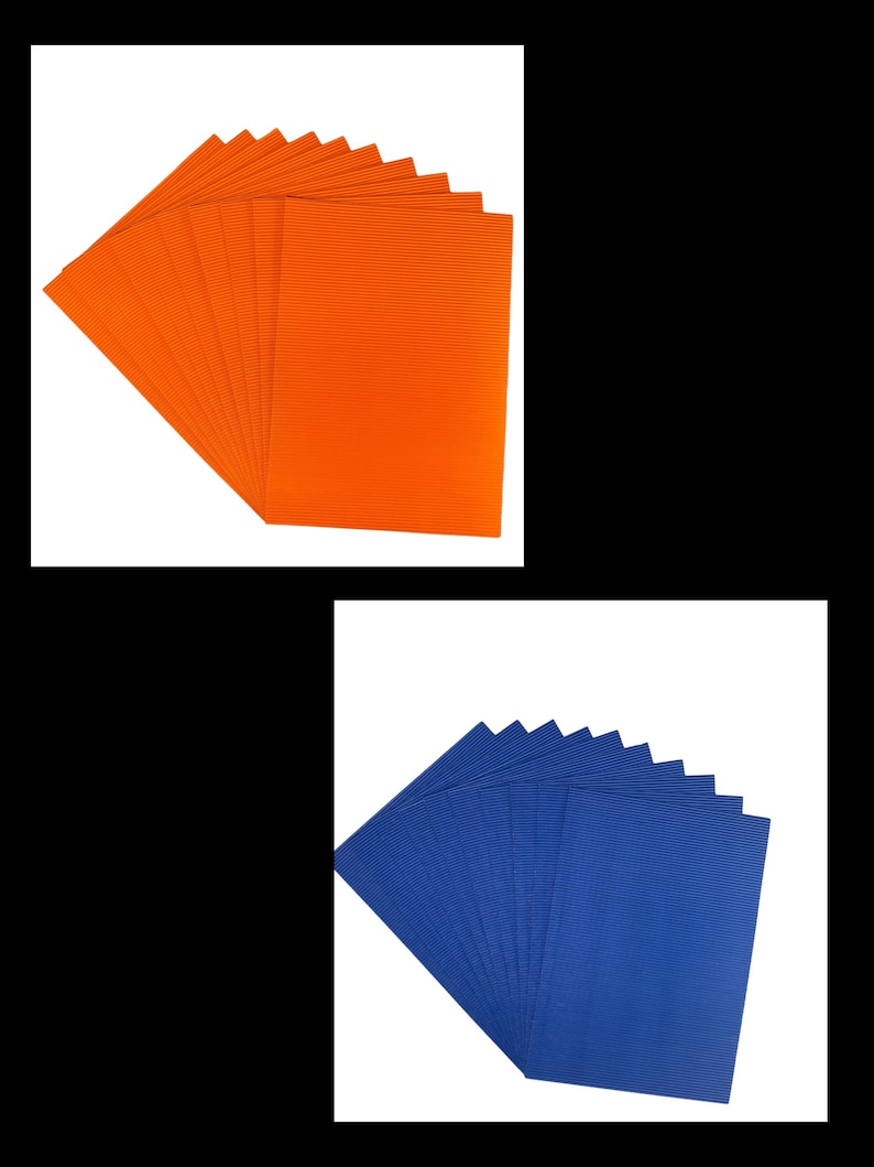 May include: Two stacks of 12 sheets of corrugated cardboard. One stack is orange and the other is blue.