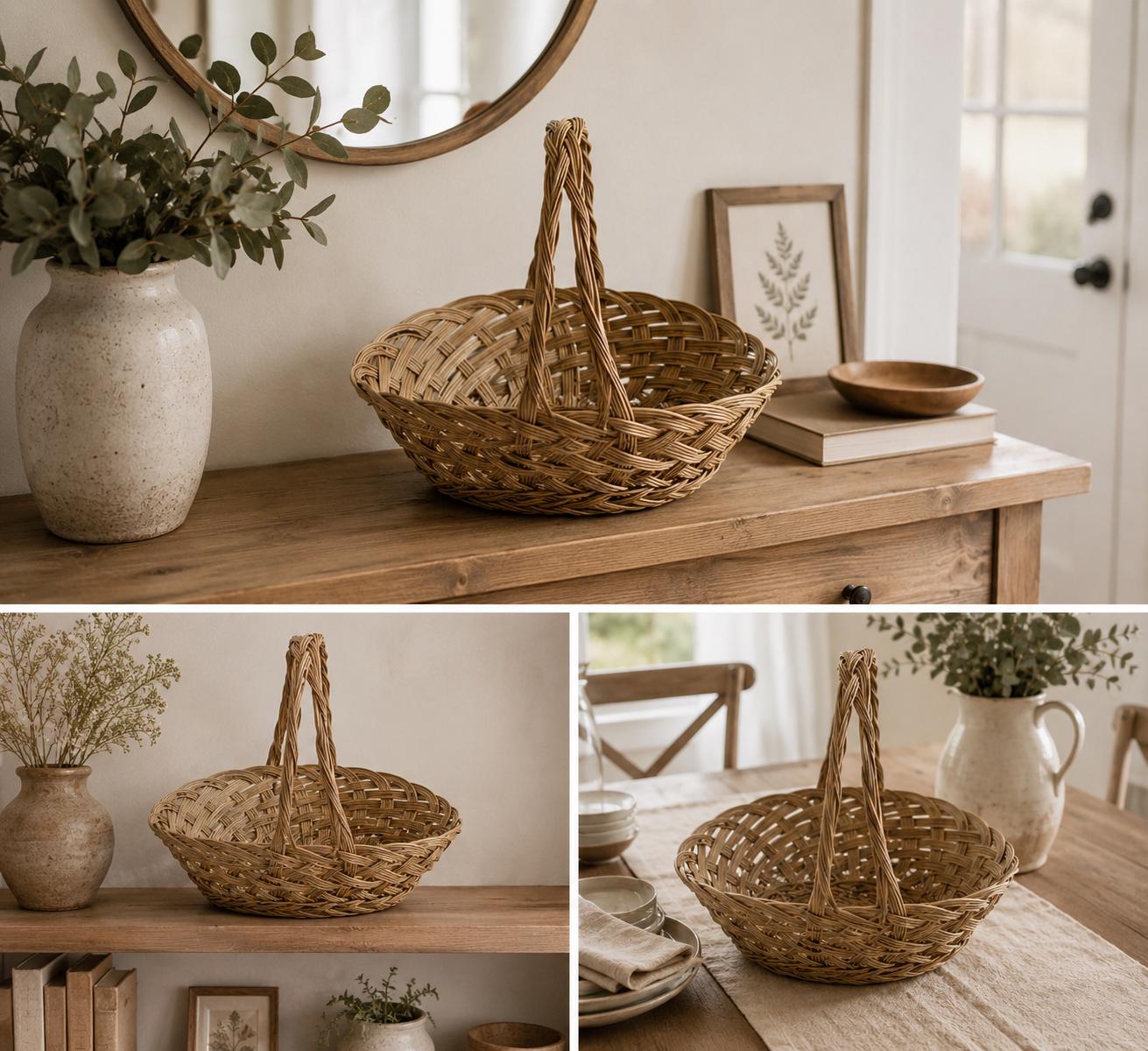 Handwoven Coco Midrib Oval Basket With Handle, Rustic Farmhouse Storage ...