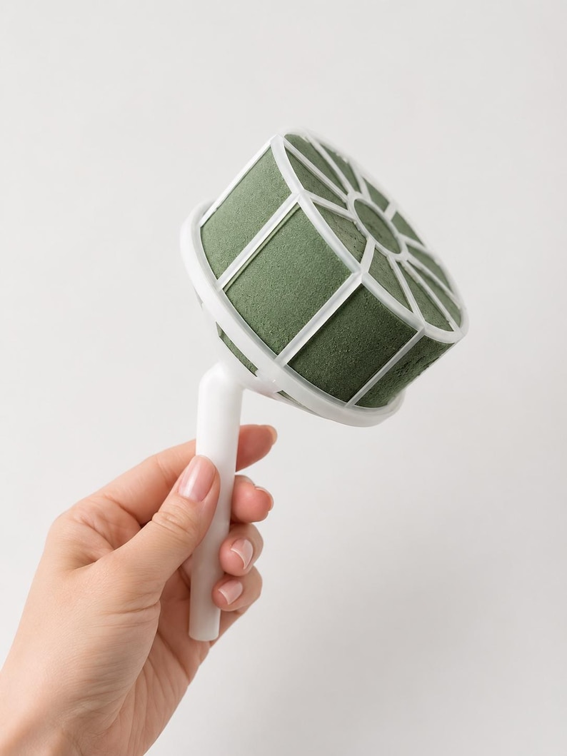 May include: A floral foam holder featuring a cylindrical block of dark green foam encased in a white plastic cage with a radial grid pattern, attached to a sturdy white plastic handle for arranging flowers in a bouquet or centerpiece.