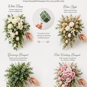 May include: A floral arrangement guide titled Wedding Inspiration featuring four bouquet styles: White Roses, Boho Style, Greenery Bouquet, and Pink Wedding Bouquet. A central circular inset shows a green foam bouquet holder with a white handle.