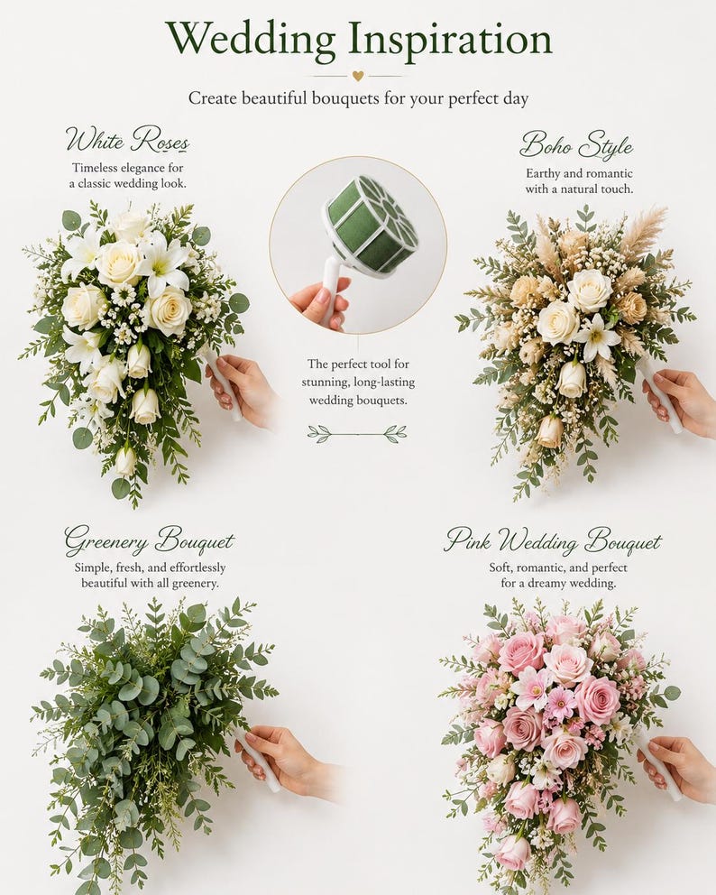 May include: A floral arrangement guide titled Wedding Inspiration featuring four bouquet styles: White Roses, Boho Style, Greenery Bouquet, and Pink Wedding Bouquet. A central circular inset shows a green foam bouquet holder with a white handle.