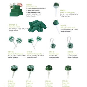 May include: A product catalog page from CalCastle International displaying various green floral foam products, including bricks, bridal bouquet holders with straight or slanted handles, netted garlands, and pew holders with listed dimensions in inches.