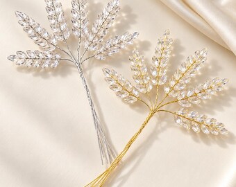Acrylic Leaf Bead Spray, Crystal-Look Bouquet Pick, Gold or Silver Wire, Wedding Floral Accent, DIY Craft Supply