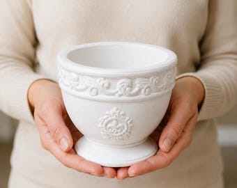 Ornate White Planter Pot, Watertight Floral Container, Vintage Pedestal Vase, Wedding Centerpiece and Home Décor, 5.5 Inch