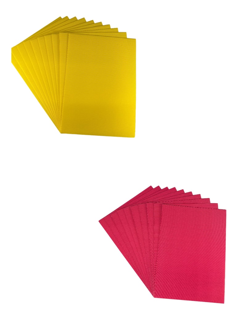 May include: A pack of 10 yellow and 10 red corrugated cardstock sheets. The sheets are textured and have a ribbed pattern.