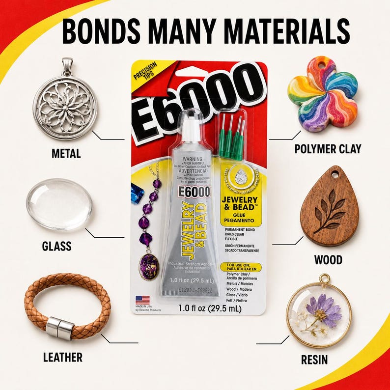 Puede incluir: Un tubo de adhesivo E6000 Jewelry & Bead de 29,5 ml en un bl&iacute;ster con puntas de precisi&oacute;n. El empaque muestra el texto BONDS MANY MATERIALS y enumera aplicaciones para componentes de metal, arcilla polim&eacute;rica, vidrio, madera, cuero y resina.