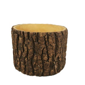 May include: A brown cylindrical planter shaped like a tree trunk with a light brown interior.