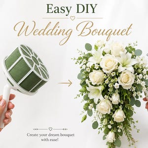 May include: A white plastic floral foam holder with a green foam cylinder, labeled 'BEFORE Empty Holder', and a finished cascading bouquet of white roses, lilies, and greenery, labeled 'AFTER Beautiful Cascading Bouquet', with the text 'Easy DIY Wedding Bouquet' and 'Create your dream bouquet with ease!'