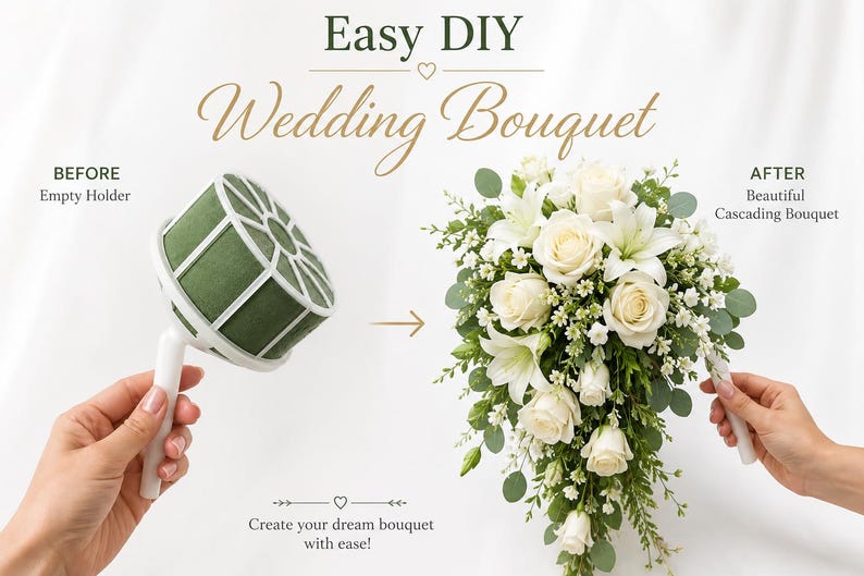 May include: A white plastic floral foam holder with a green foam cylinder, labeled 'BEFORE Empty Holder', and a finished cascading bouquet of white roses, lilies, and greenery, labeled 'AFTER Beautiful Cascading Bouquet', with the text 'Easy DIY Wedding Bouquet' and 'Create your dream bouquet with ease!'