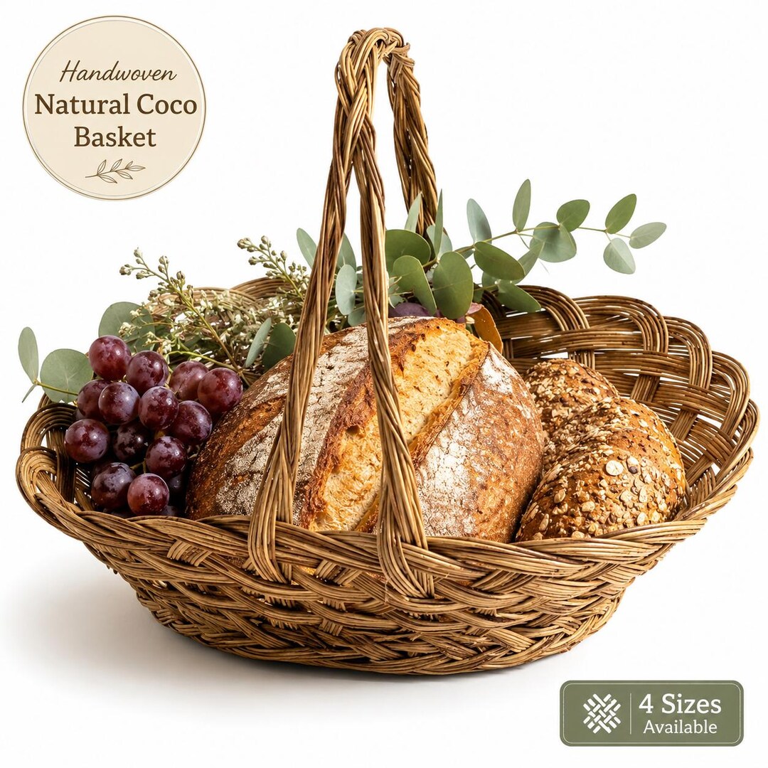 Handwoven Coco Midrib Oval Basket With Handle, Rustic Farmhouse Storage ...