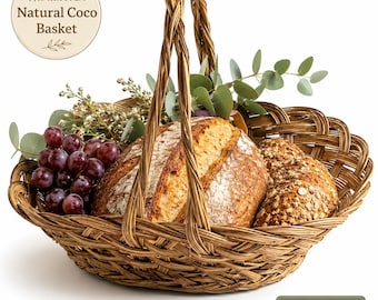 Handwoven Coco Midrib Oval Basket with Handle, Rustic Farmhouse Storage Gift Basket