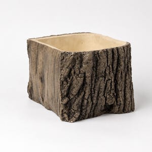 May include: A square-shaped planter with a textured exterior that mimics the appearance of dark brown tree bark. The interior of the container is smooth and light beige in color, featuring a hollow center with a flat base and open top.