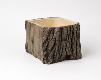 Oak Tree Trunk Planter with Drainage | Rustic Ceramic Bonsai Pot | Wood Look Succulent Planter | Indoor Outdoor Flower Pot | 7.5”