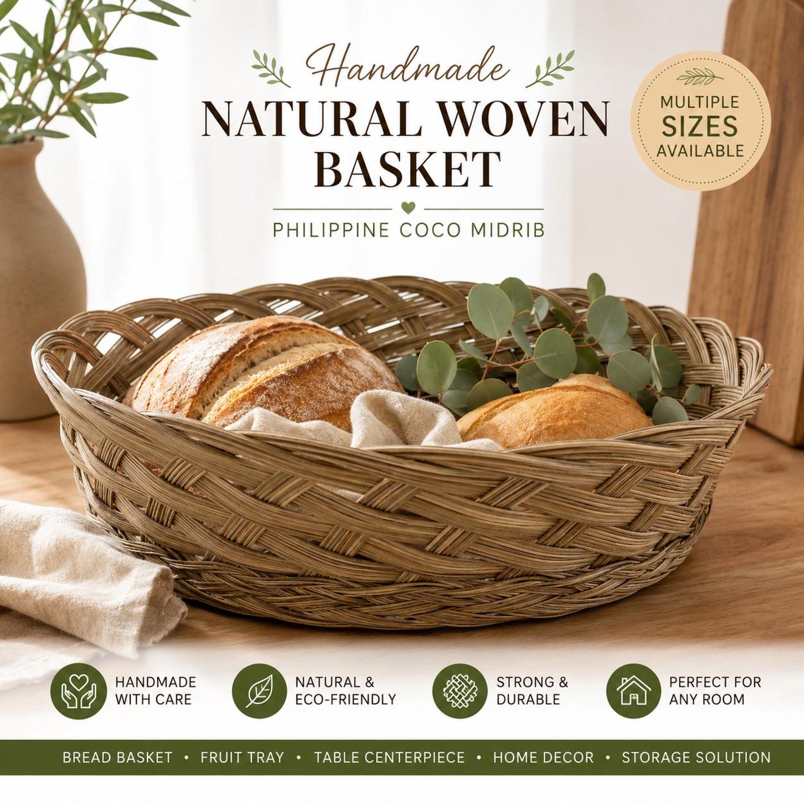 Handwoven Round Coco Midrib Basket – Philippine Bread Floral Table ...