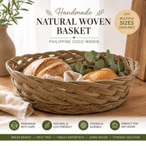May include: A handmade natural woven basket made from Philippine coco midrib. The basket is oval-shaped with a woven design and contains bread. The text on the image says "Multiple Sizes Available". It is a bread basket, fruit tray, table centerpiece, home decor, and storage solution.