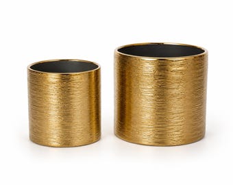 Gold Etched Ceramic Vase Set of 2, Modern Gold Cylinder Vases, Wedding Centerpiece, Luxury Home Decor, Planter Pot, Table Vase