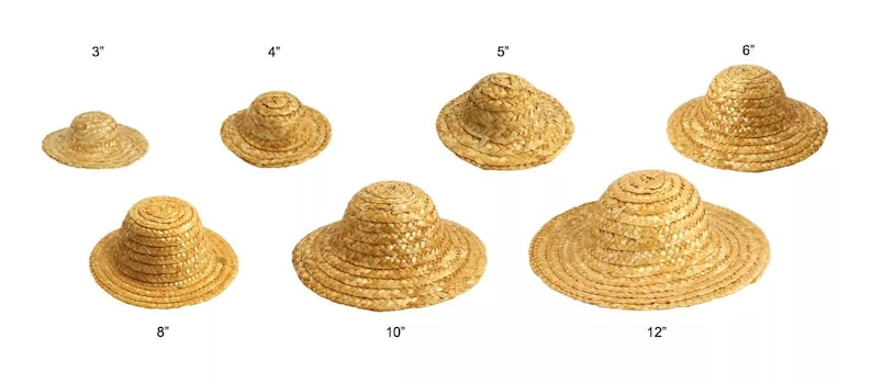 May include: Set of 10 straw hats in various sizes, ranging from 3 inches to 12 inches in diameter. The hats are all made of natural straw and have a classic, simple design.