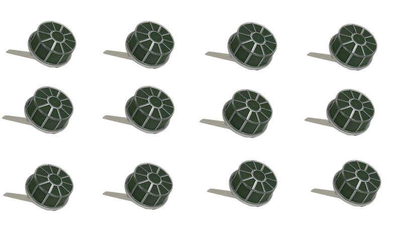 May include: A set of twelve circular floral foam cages, each featuring a dark green foam cylinder encased in a silver-toned plastic grid frame with an attached handle, arranged in a grid pattern against a plain white background.